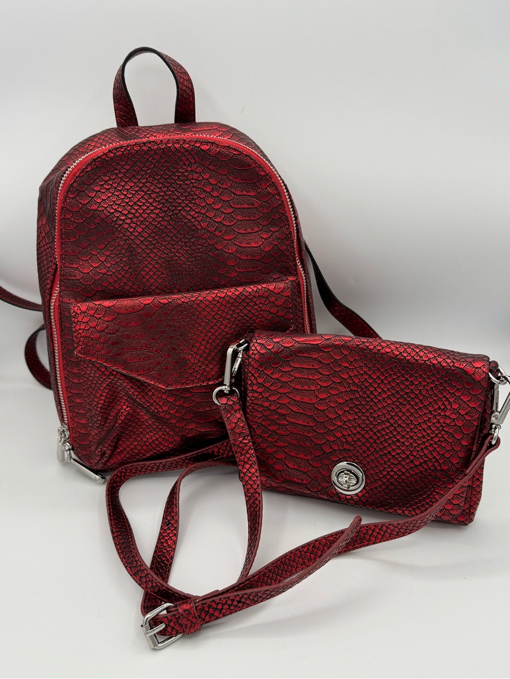 Charming Charlie Red Snakeskin Embossed Mini Backpack & Crossbody Bag Set